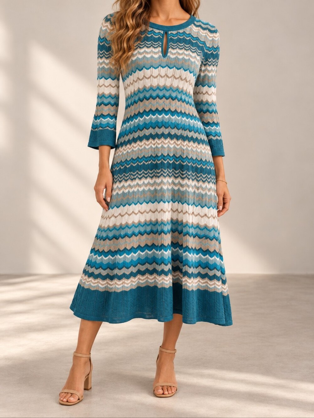 Jessica Chevron Knit Sweater Dress Teal Aqua Keyhole A-Line Midi Large